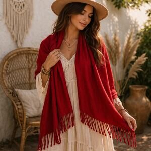 Red Pashmina Scarf Shawl Wrap Fringe Soft Lightweight Evening Formal Luxury